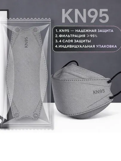 Маска медицинская для лица KN95, 4-слойная, одноразовая, фильтрация 95%, 5 шт