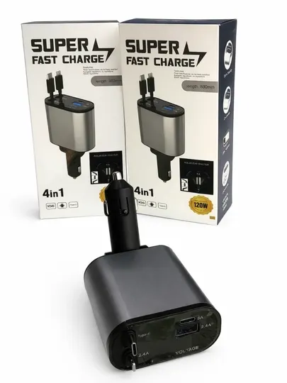 Автомобильное зарядное устройство 4-портовое USB (Type-C + Lightning кабель)