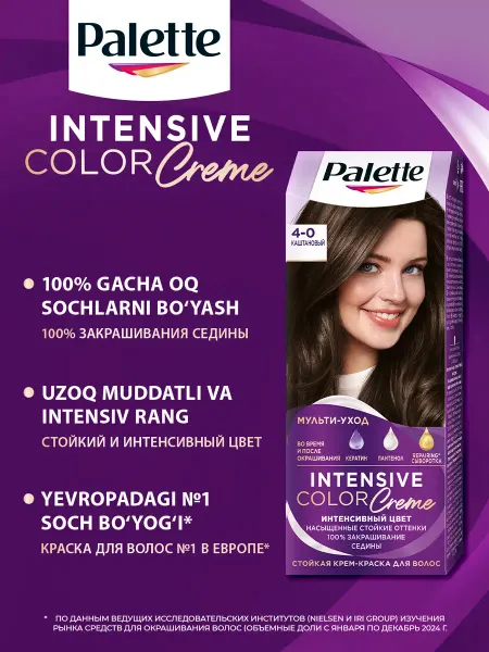 Palette Краска для волос Intensive Color Cream, 4-0, Каштановый