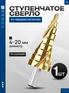 Сверло ступенчатое по металлу 4-20 мм, HSS, спиральное