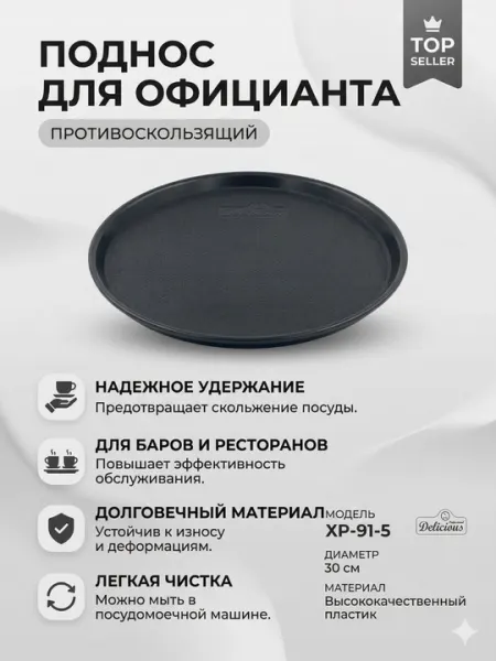Сервировочный противоскользящий круглый поднос, 40 см, чёрный, пластик