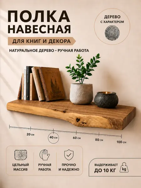 КлиWood Полка настенная навесная из натурального дерева 40см