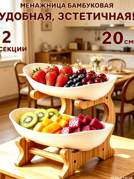 Двухъярусная бамбуковая этажерка для фруктов и закусок