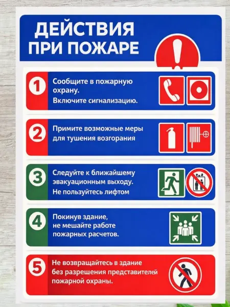 Плакат "Действия при пожаре" А4. Инструкция ПБ. Самоклейка