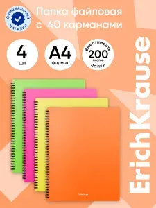 Папка с файлами ErichKrause Matt Neon, на спирали, с 40 карманами, формат A4, 49954, мультиколор, 4 шт