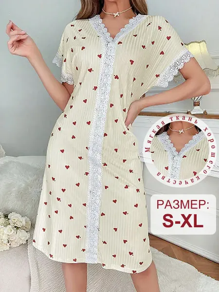 Zolifon pajamas Милое ночное платье с принтом сердечек и кружевом