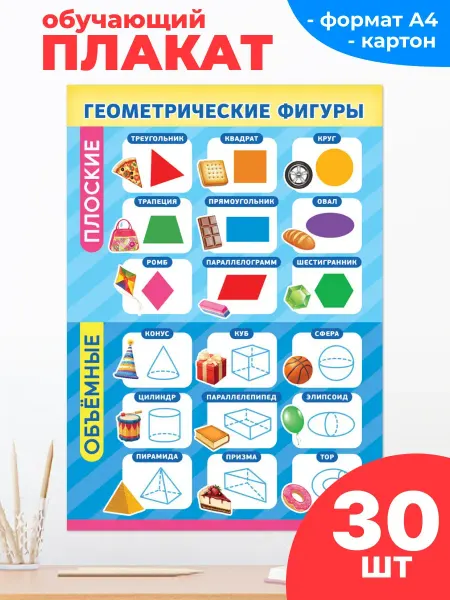 Компания ЛиС Обучающий плакат Геометрические фигуры А4 30 шт