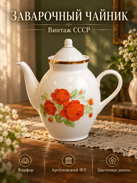 PEREVOZNIKOV-COINS Чайник заварочный фарфоровый, розы деколь, позолота, Артемов
