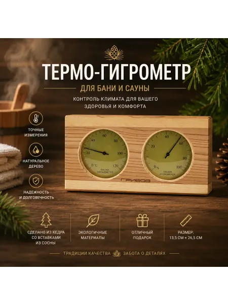 Грибов Термогигрометр для бани и сауны из кедра