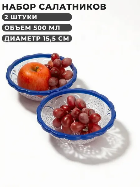 Набор пластиковых салатников 2 шт по 0,5 л, сервировочная миска для кухни, 15,5 см