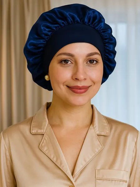 Шапочка для сна WMA STORE, атласная, шелковая, синяя, с эластичной лентой, женская, 52-60