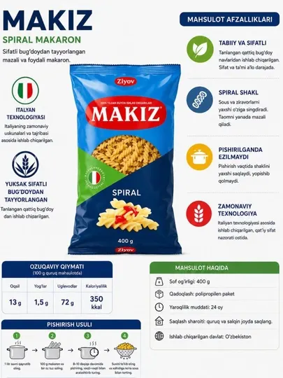 Макаронные изделия Makiz, спирали, 400 г,700 г