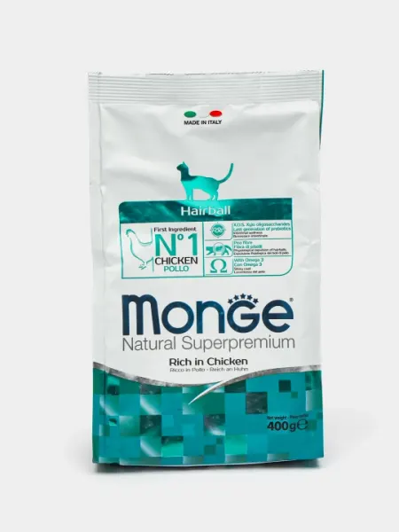 Сухой корм супер премиум класса Monge Hairball, для взрослых кошек, курица, 400 г