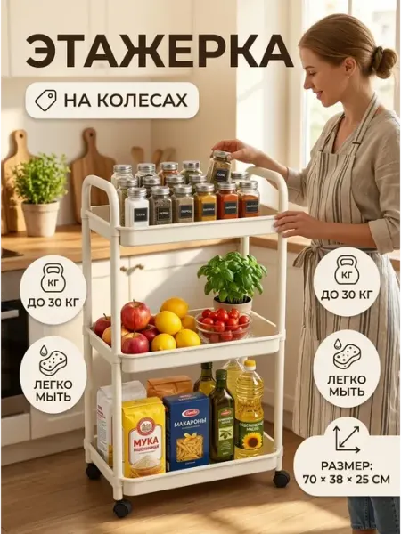 GOOD HOME Стеллаж для кухни на колесиках этажерка 3 ярусная