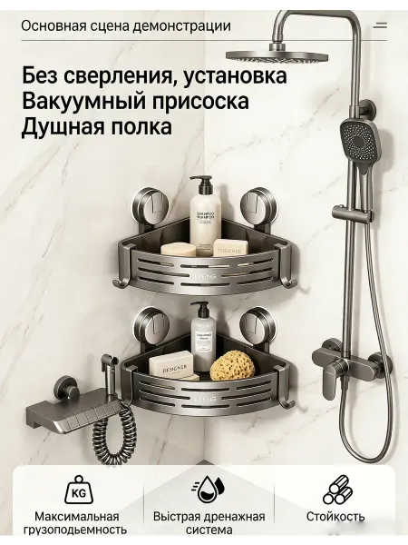 Угловая полка без сверления 2 яруса нержавейка