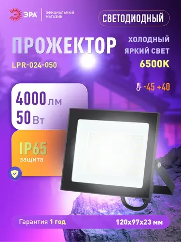 Прожектор светодиодный уличный влагозащищенный ЭРА LPR-024 50Вт 4000лм 6500К IP65 от сети