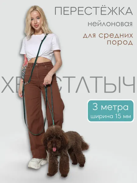 Хвостатыч Поводок перестежка для собак нейлон 3 м х 15 мм (зелено-чер)