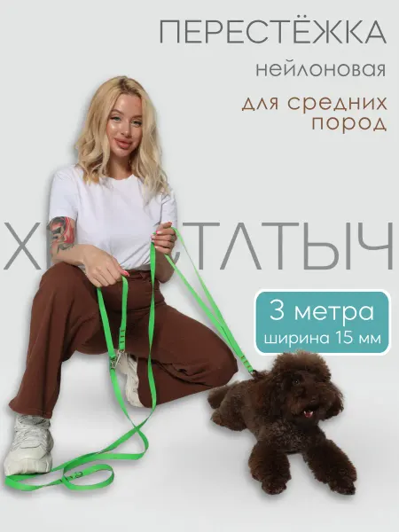 Хвостатыч Поводок перестежка для собак нейлон 3 м х 15 мм (салатовый)