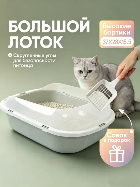 ROXY-PETS Лоток для кошек большой с высоким бортом и совком глубокий