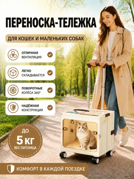 Переноска для животных на колесах складная до 5 кг
