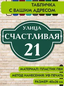 Адресная табличка на дом "Домовой знак" зелёная, 400х260 мм., из пластика, УФ печать не выгорает