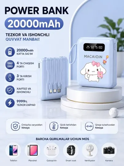 Power Bank 20000 мАч,4 встроенных кабеля,LED-дисплей, быстрая зарядка для всех смартфонов