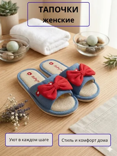 Женские домашние тапочки с бантом и мягкой подошвой