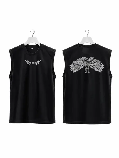 Мужская черная футболка без рукавов Oversize с принтом Angel Wings – хлопковая майка