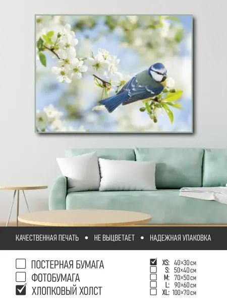 ПолиЦентр Постер на холсте Птичка на цветущей ветке, 40х30 см