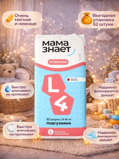 Подгузники Mama Znaet STANDARD L, 9-14 кг, 52 шт, подгузники детские одноразовые