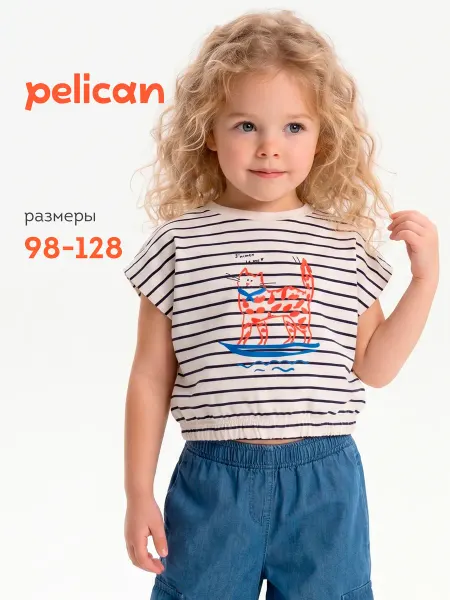 Pelican Футболка укороченная спущенный рукав тельняшка с котом