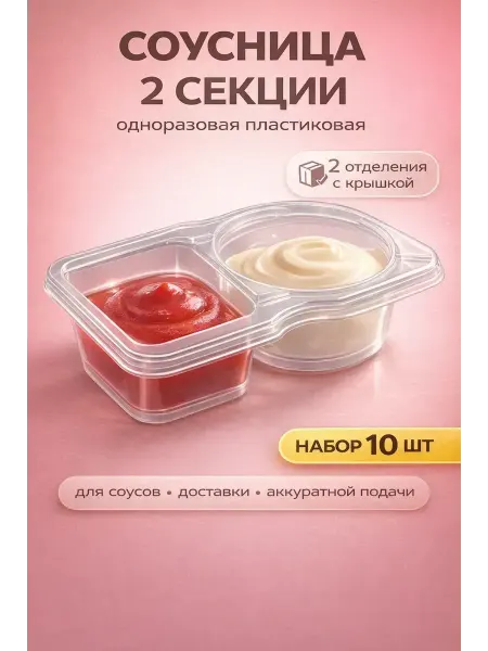 Ада08 Соусница-контейнер с крышкой 2 секции, набор 10 шт