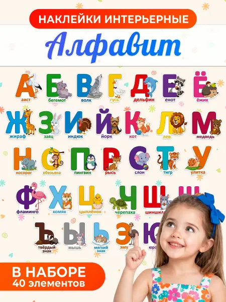 С-ПРИНТ Наклейки на стену детские интерьерные Алфавит Животные