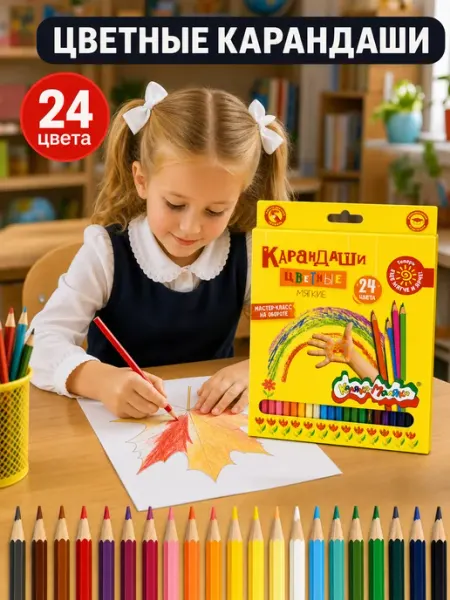 КАЛЯКА-МАЛЯКА Карандаши цветные мягкие набор 24 цвета детские школьные
