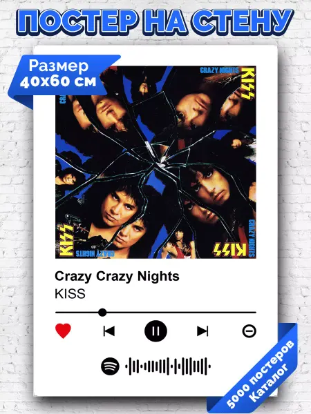 Arthata-spotify постер Спотифай постер Спотифай постер Kiss Crazy Crazy Nights 40х60