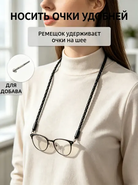 Плетёный кожаный шнурок-держатель для очков, черный