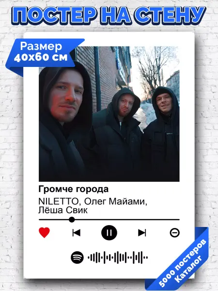 Arthata-spotify постер Спотифай постер Постер Niletto Олег Майами Леша Свик - Громче города 40х60