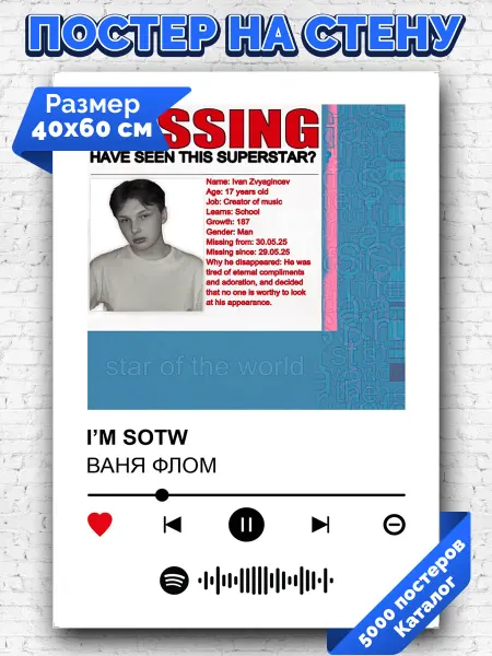 Arthata-spotify постер Спотифай постер Спотифай плакат ВАНЯ ФЛОМ - I’M SOTW 40х60