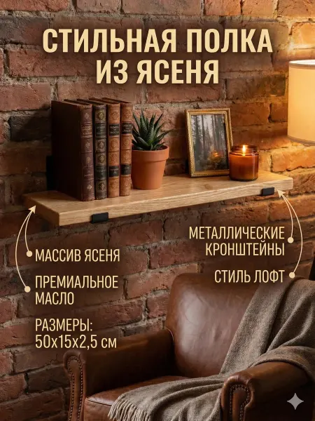 Полка настенная на кронштейнах из ясеня
