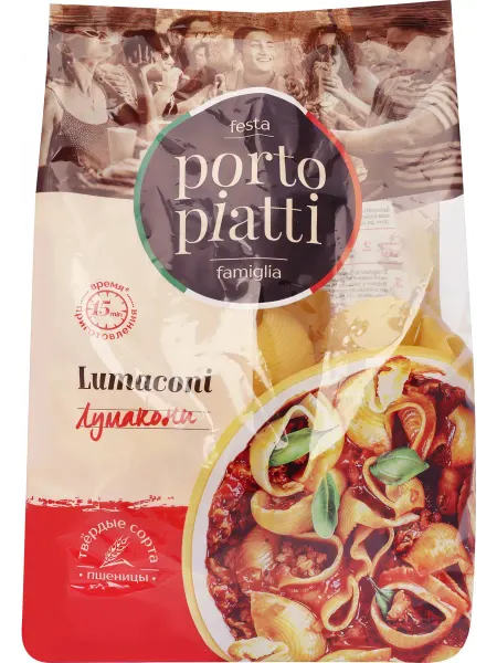 Макароны PORTO PIATTI Лумакони, группа А высший сорт, 400г