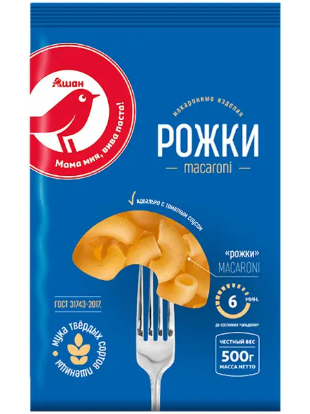 Макаронные изделия АШАН Красная птица Рожки, 500 г