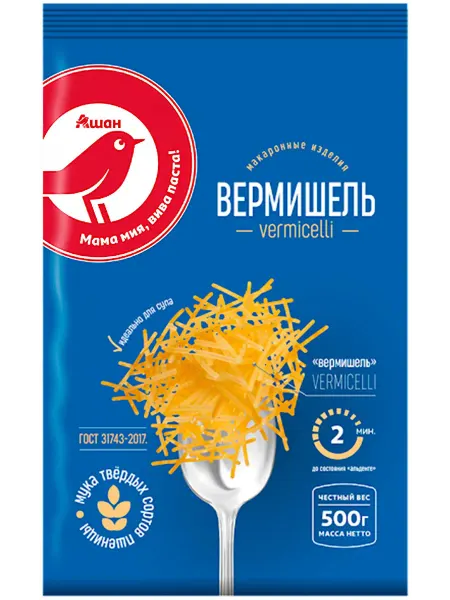 Макаронные изделия АШАН Красная птица Vermicelli вермишель
