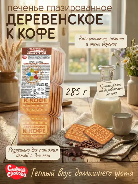 Сладкая слобода Печенье сахарное глазированное, Деревенское к кофе 285 гр