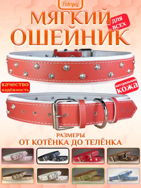 Petryaj Мягкий ошейник кожаный рыжий оранжевый стразы