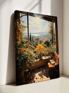 Картина на холсте (окно, сад, цветы, книга, кресло, озеро, горы) 40x60 см. Интерьерная на стену. Украшение в комнату. В подарок.