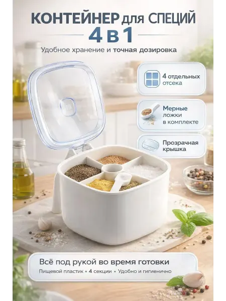 ХАЙР Контейнер для специй 4в1 с крышкой ложками и разделителями