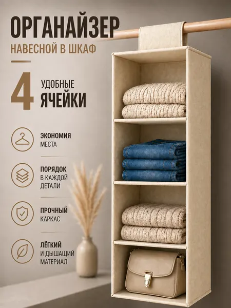 Органайзер навесной в шкаф для хранения вещей и белья 4 ячейки