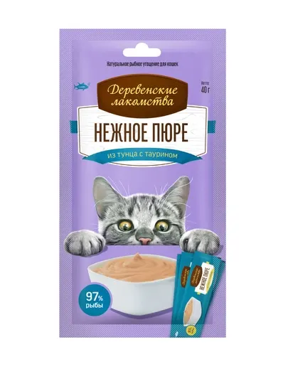 Лакомство для кошек «Деревенские лакомства» Нежное пюре из тунца с таурином, 4×10 г