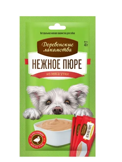 Лакомство для собак "Деревенские лакомства" натуральное Нежное пюре из мяса утки, 4×10 г
