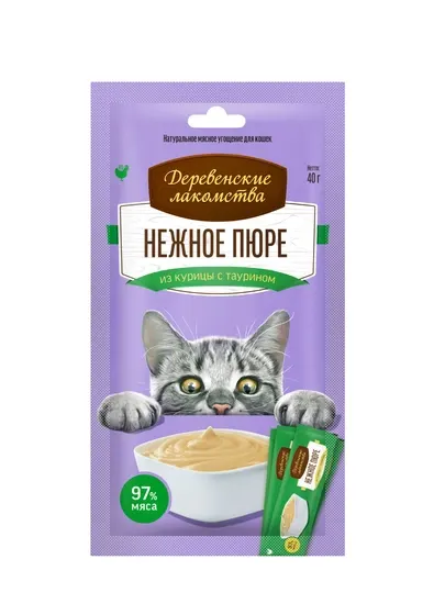Для кошек Деревенские лакомства Нежное пюре из курицы с таурином, до 97% мяса, 4×10 г
